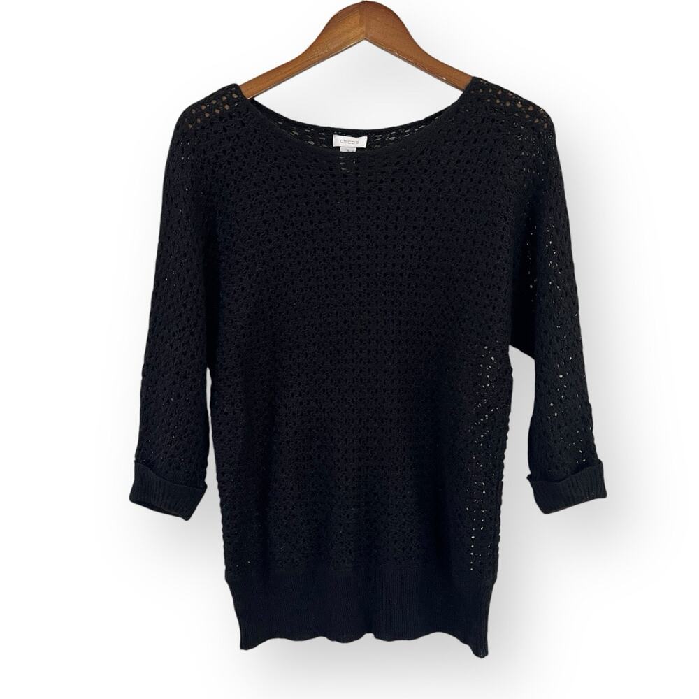 Chicos Black Wool Mohair Sweater Womens 1 US M Open Knit 3/4 Sleeves Lightweight